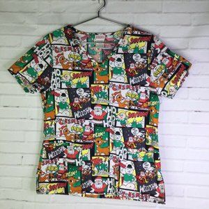 Rudolph The Red Nosed Reindeer Scrub Top Santa Snowman Hermey Christmas Womens S